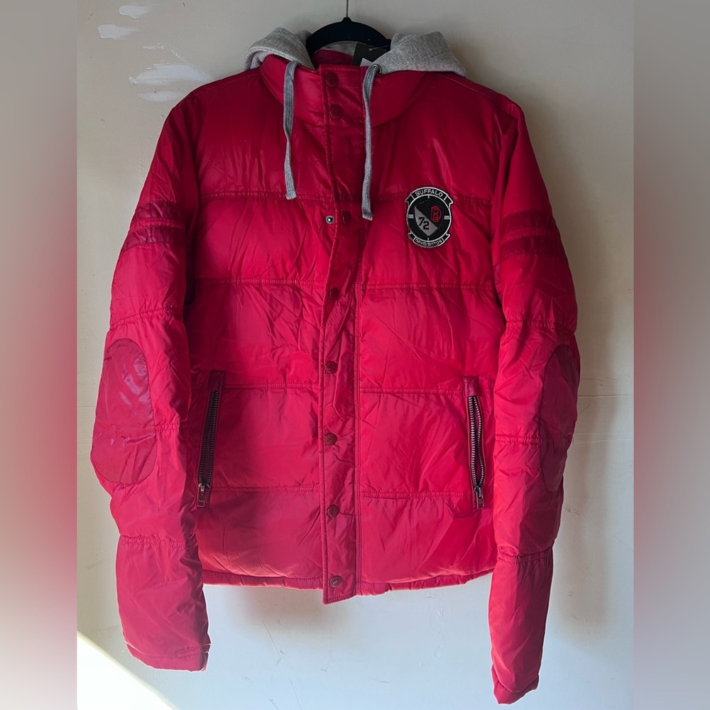 💚 Buffalo David Bitton Red Puffer Coat Down Filled Jacket Hood size Small‎